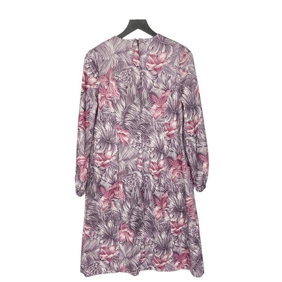 Vintage 70s Boho Floral Mini Dress Women's Medium Purple Pink Long Sleeve - Picture 3 of 10